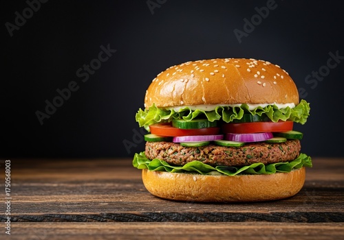 Delicious plant-based burger with fresh vegetables, a hearty patty, and crisp bun on a rustic wooden table. Healthy, flavorful meal ,clean eating ,fiber ,healthy