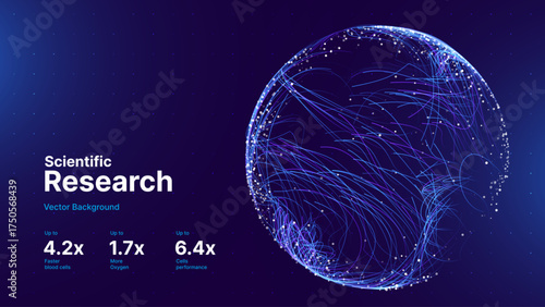 Biology Cell Scientific Medical Research Background. Abstract Science 3D Blue Sphere Backdrop. Digital Globe with Particles Effect. Vector Illustration.