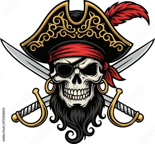 Vector Pirate Skull Emblem with Hat, Feather, Crossed Swords, and Golden Details Isolated