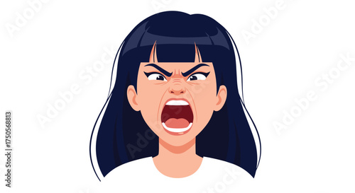 A woman expresses strong anger with her mouth wide open in a shout.