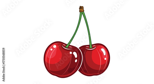 Two bright red cherries hanging from green stems on a white background.
