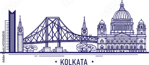 Kolkata cityscape illustration with Victoria Memorial, Howrah Bridge, Marble Palace, Eden Gardens, cultural heritage monuments, ultra-detailed sketch for travel, tourism marketing, and city promotion