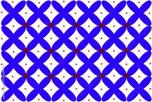 Geometric Seamless Blue Flower and Red Dots Pattern Background