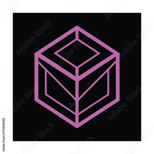Pink geometric cube outline on black background Keywords: cube, geometric, shape, outline, pink, purple, line art, abstract, design, symbol, logo