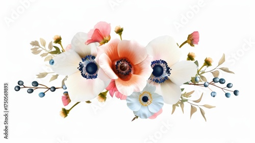 Elegant Floral Arrangement Featuring Anemones, Berries, and Delicate Blooms on a White Background for Design Use
