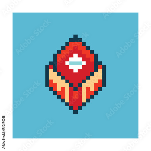 Pixel art red and orange gem on blue background Keywords: pixel art, gem, crystal, jewel, red, orange, yellow, blue, background, retro, game
