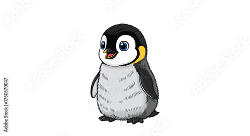 Cute emperor penguin chick standing with open beak and big blue eyes.