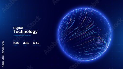 Biology Cell Scientific Medical Research Background. Abstract Science 3D Blue Sphere Backdrop. Digital Globe with Particles Effect. Vector Illustration.