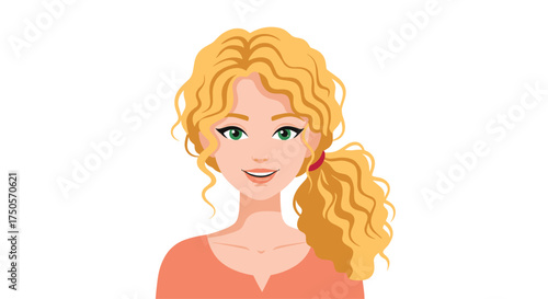A young woman with blonde curly hair and a ponytail smiles.