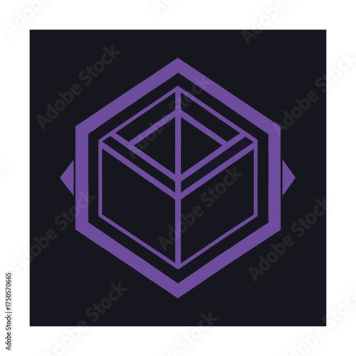 Purple hexagonal outline of a3D box on a dark background Keywords: logo, abstract, geometric, design, symbol, icon, hexagon, box, cube, 3D