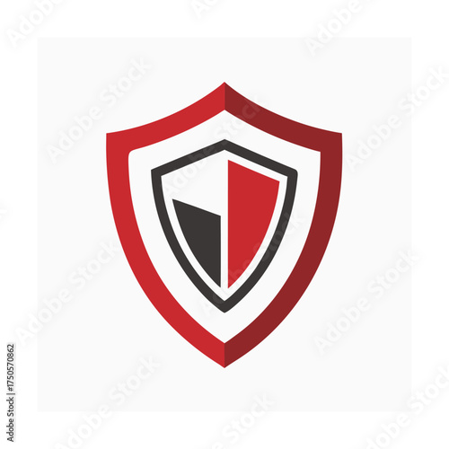 Red and black shield logo on white background security protection