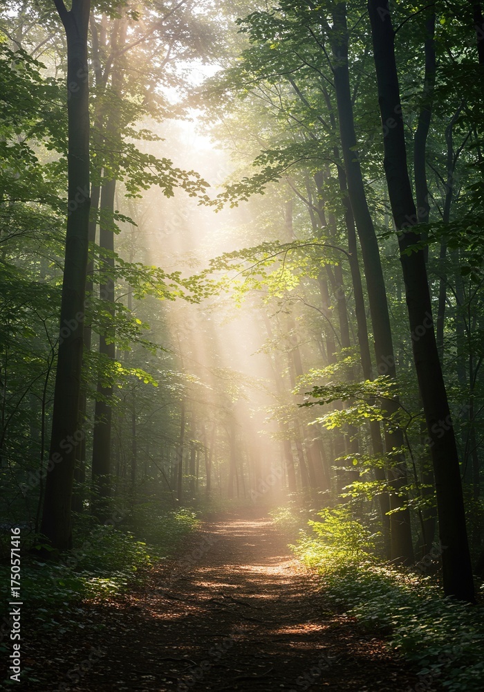 Obraz premium Radiant light piercing through a serene forest canopy, symbolizing divine presence and spiritual awakening. A path to inner peace and faith ,worship ,infinite ,divine