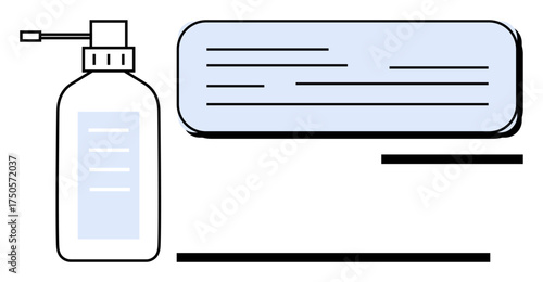 Spray bottle with dispensing nozzle next to text area for instructions or description. Ideal for health, sanitation, product labeling, hygiene, communication, information design, and teaching, simple