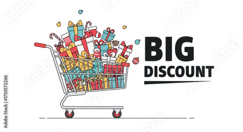 Shopping Cart Filled with Gifts and Discount Offer in a Grassy Landscape