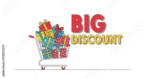 Shopping Cart Filled with Gifts and Discount Offer in a Grassy Landscape