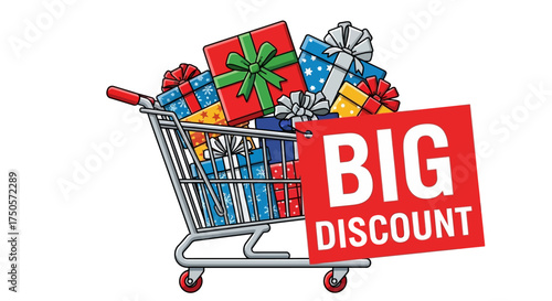 Shopping Cart Filled with Gifts and Discount Offer in a Grassy Landscape