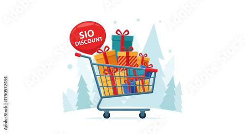 Shopping Cart Filled with Gifts and Discount Offer in a Grassy Landscape