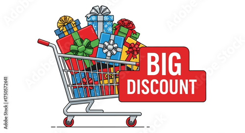 Shopping Cart Filled with Gifts and Discount Offer in a Grassy Landscape