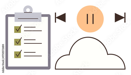Clipboard with checkmarks, sun-thumbs up pause icon, and cloud motif. Ideal for productivity, task management, workflow optimization, digital storage, teamwork, self-organization visual simplicity