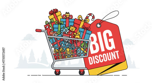 Shopping Cart Filled with Gifts and Discount Offer in a Grassy Landscape