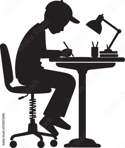Silhouette of person wearing cap writing at desk with lamp