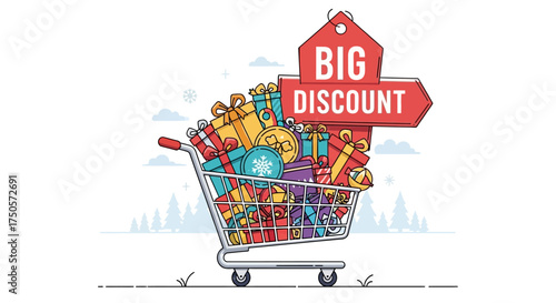 Shopping Cart Filled with Gifts and Discount Offer in a Grassy Landscape