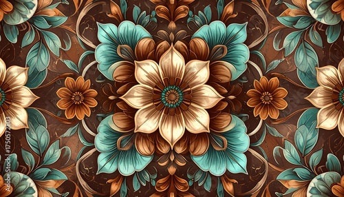 Symmetrical floral pattern with teal, gold, and brown hues