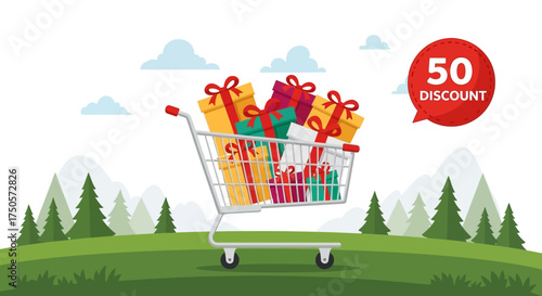 Shopping Cart Filled with Gifts and Discount Offer in a Grassy Landscape