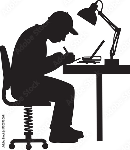 Silhouette of person working at desk with lamp and laptop
