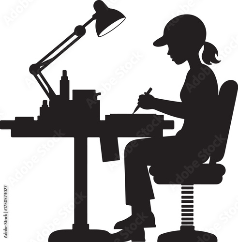 Silhouette of person working at desk with lamp and tools