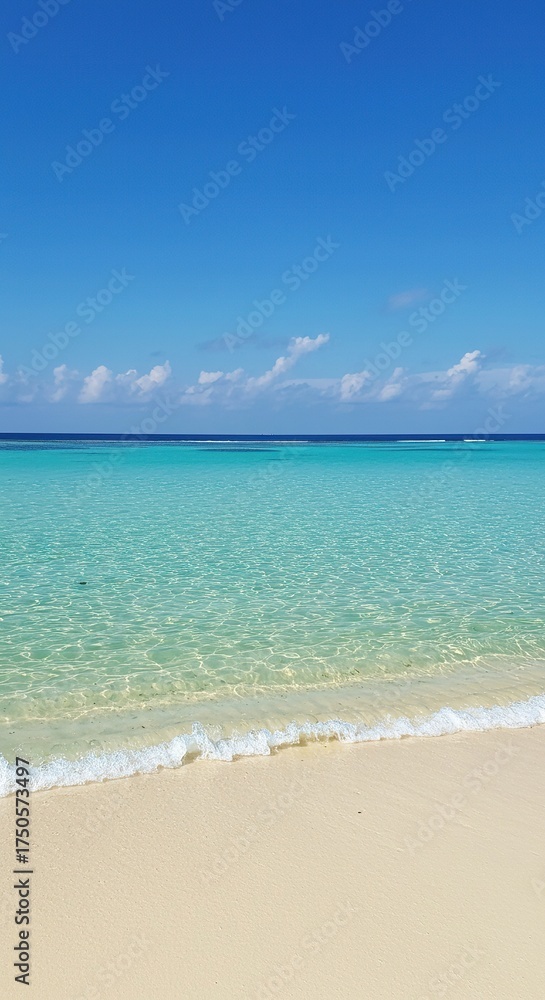Obraz premium Vibrant tropical coastline scene with pristine sandy shores and clear turquoise ocean waters under a brilliant sunny sky, perfect for vacation themes ,tranquil ,blue water ,horizon