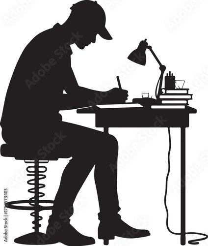 Silhouette of person writing at desk with lamp and books