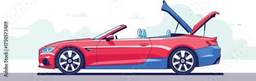 Red convertible car with open trunk isolated on white background, showcasing a sleek and modern design