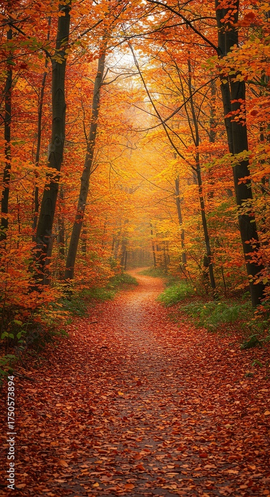 Obraz premium Winding path through a vibrant autumn forest, leaves covering the ground, symbolizing the gentle, cyclical flow of nature's seasons ,foliage ,leaves ,change