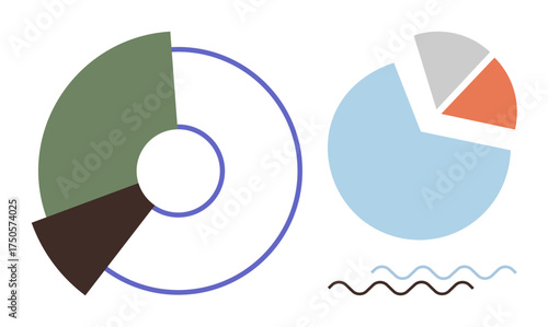 Two circular pie charts with varying segments and abstract wavy lines, representing data analysis, progress, and statistics. Ideal for business, analytics, growth, finance, reports education flat