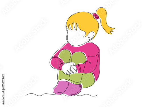 Child a little girl without a face sits on the floor and cries, resentment, pain, bullying, continuous single line art hand drawing sketch, logo on white background