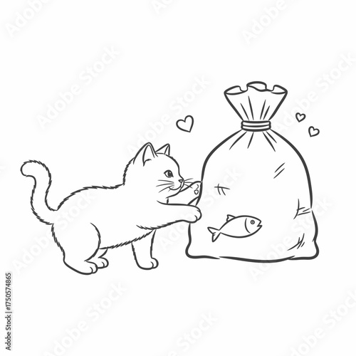 Cute Kitten Playing with a Bag of Fish Vector Illustration, Hand Drawn Line Art

