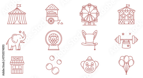 Set of Circus and Carnival Attractions Vector Line Icons, Outline Style

