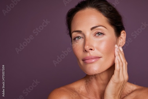 Elegant middle-aged woman with clear skin gently touches her face in a skincare promotional shot.