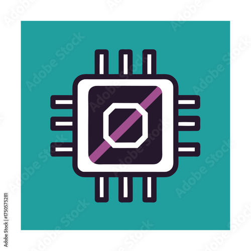 Stylized icon of a computer processor chip with a prohibition symbol microchip