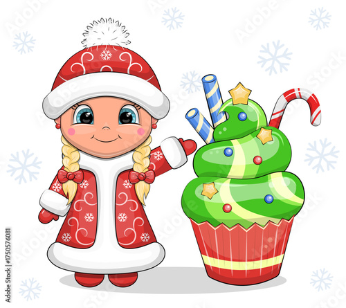 A cute cartoon Girl with Christmas Tree Cupcake. New Year vector illustration of a Snow Maiden and sweet food on a white background.