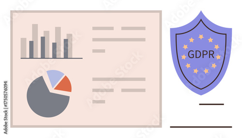Bar chart, pie chart, text representing data analysis paired with a GDPR shield for privacy protection. Ideal for data privacy, security, regulations, analysis, compliance, digital governance simple