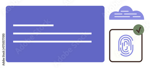 Biometric fingerprint scan with a green checkmark, cloud storage icon, and text boxes. Ideal for cybersecurity, data access, cloud solutions, user privacy, authentication, identity and secure login