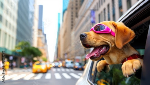 Joyful Labrador Puppy Wearing Pink Goggles Enjoying City Car Ride On Sunny Day