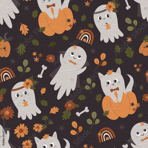 Halloween seamless pattern with cute ghosts. Pattern for scrapbooking, wallpaper, children's and children's clothing.
