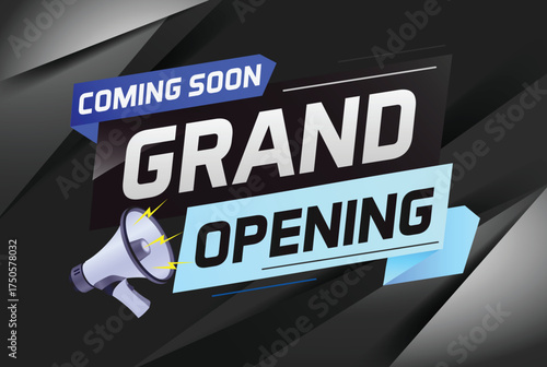 coming soon grand opening word concept vector illustration with megaphone and 3d, web, mobile app, poster, banner, flyer, background, gift card, coupon, label, wallpaper
