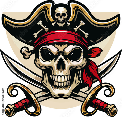 Classic Pirate Captain Hat Mascot with Red Bandana and Crossed Swords Vector Illustration Isolated
