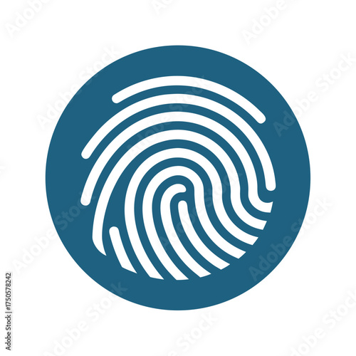 White fingerprint icon inside a blue circle on white background scan identity