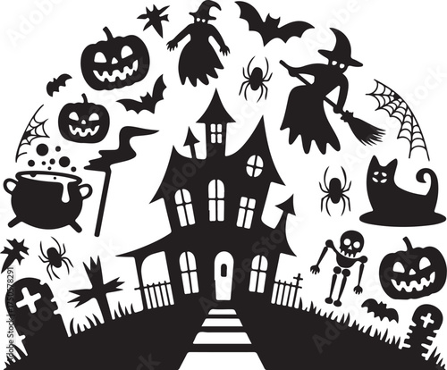 Spooky Halloween icons: haunted house, witches, bats, pumpkins