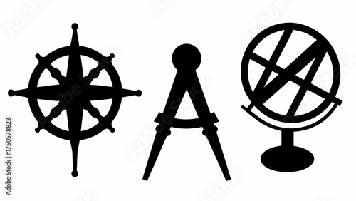 Nautical travel icons silhouette set compass rose dividers globe for cartography and exploration themes